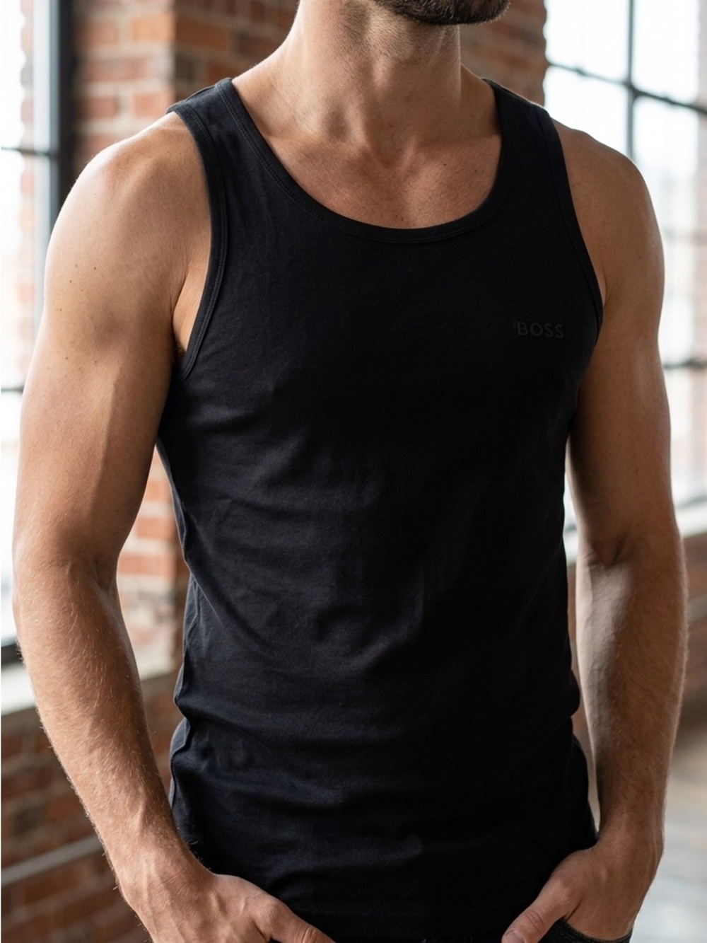 Boss Black Cotton Tank Top with Subtle Logo